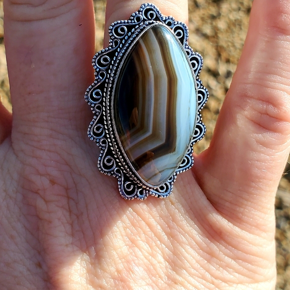New Huge Botswana Agate Antique Design 925 Silver Statement Ring. - Picture 11 of 16
